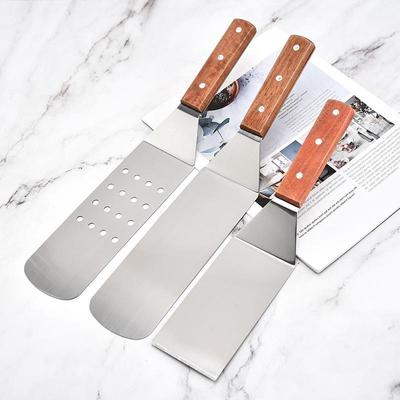 Σετ Σπάτουλες Teppanyaki BBQ από Ανοξείδωτο Ατσάλι & Ξύλινη Λαβή - 3 Τεμάχια Ιαπωνικά Εργαλεία Μαγειρικής για Τηγάνισμα & Ψήσιμο στη Σχάρα