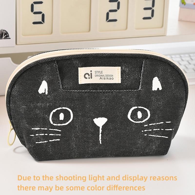 Pisică desen animat drăguță etui de creioane Geantă de papetărie din denim Geantă de depozitare pentru rechizite școlare de mare capacitate pentru studenți Etui multifuncțional