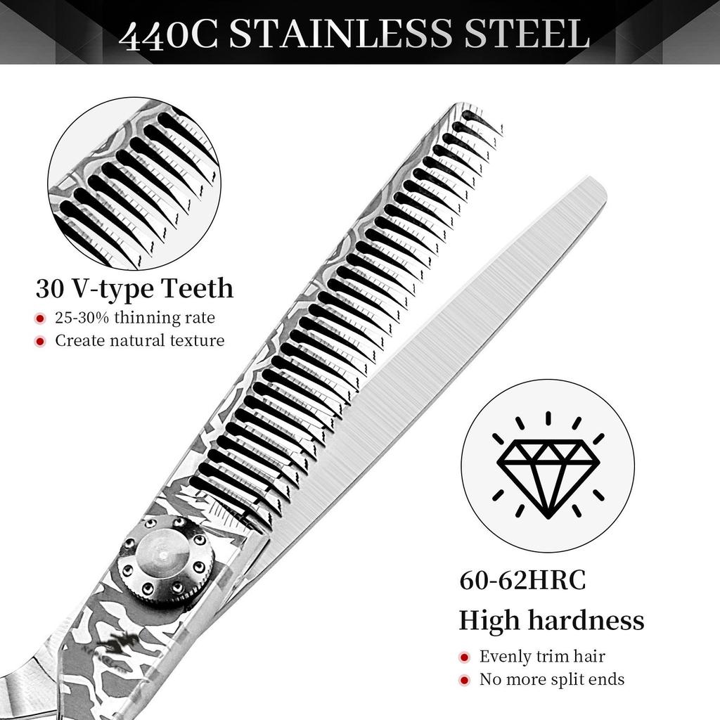 6.0” Damascus Pattern Hairdressing Scissors Set: Straight, Serrated & Thinning Scissors