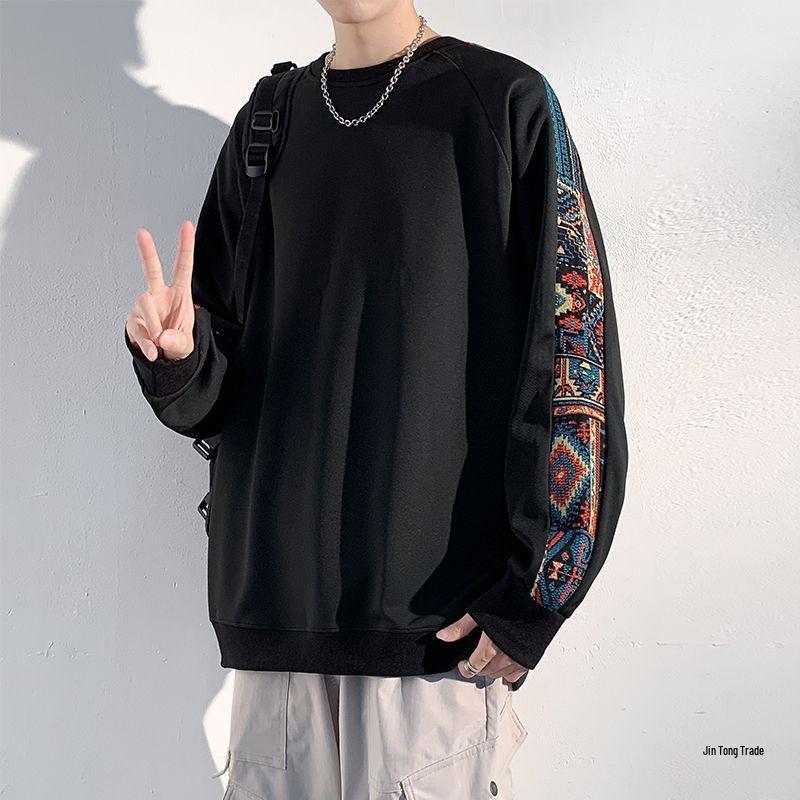 Men’s Chinese Style Embroidery Long Sleeve Round Neck Hoodie - Spring/Autumn/Winter 2025 Heavyweight Loose T-shirt
