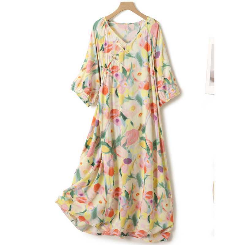 

Ленивая ночная сорочка в стиле ципао, женское летнее прохладное хлопково-шелковое платье, юбка в национальном стиле, удлиненная 2XL