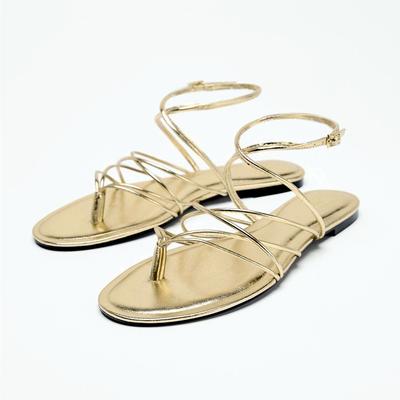 Fashion Gold Narrow Strap Cross Strap Design Flat Sandals Women Summer Sexy Women's Flip Flops Elegant Ankle Strap Dress Shoes Sandalias