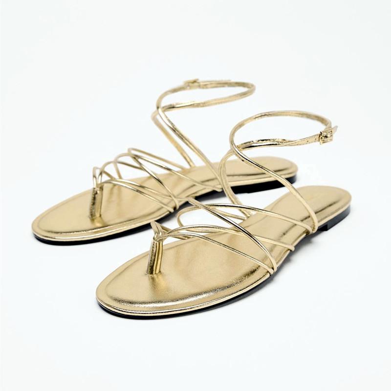 Fashion Gold Narrow Strap Cross Strap Design Flat Sandals Women Summer Sexy Women's Flip Flops Elegant Ankle Strap Dress Shoes Sandalias