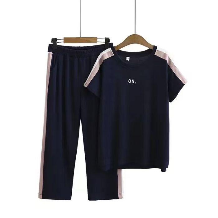 

Летний комплект из двух предметов из ледяного шелка для мамы: Модная футболка с коротким рукавом и спортивная одежда больших размеров для женщин 4XL (suggested 160-170 jin) синий