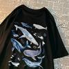 Modische Damen-T-Shirts Ozean- und Wal-Aufdruck Oberteile Rundhals Weich Kurze Ärmel Sommerlich Lässig Damenbekleidung