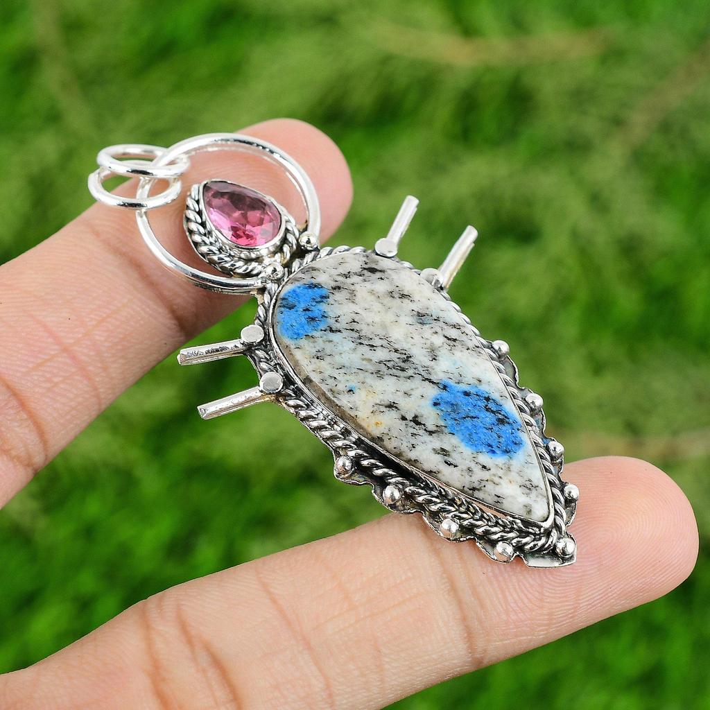 925 Silver K2 Jasper Gemstone Pink Tourmaline Mother Bezel Boho Pendant Jewelry