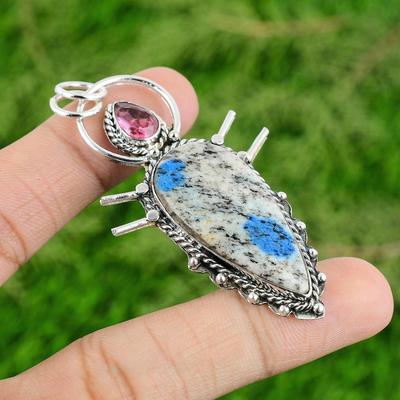 925 Silver K2 Jasper Gemstone Pink Tourmaline Mother Bezel Boho Pendant Jewelry