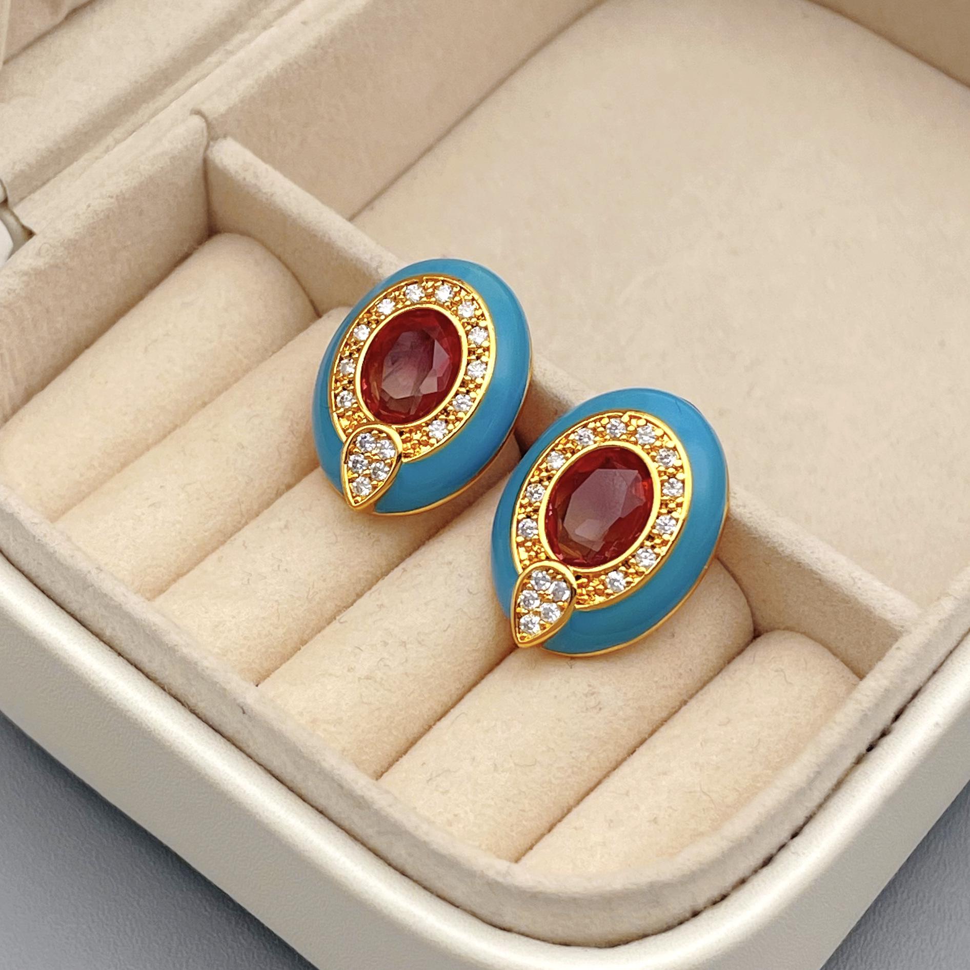 

French Retro Zircon Drop Glaze Oval Stud Earrings - Summer Fashion Jewelry