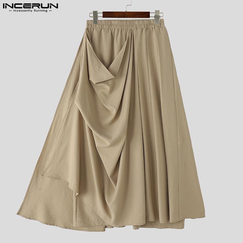 INCERUN Herre Elastisk Midje Uregelmessige Lag Casual Løse Lange Bukser Vide Ben Bukser