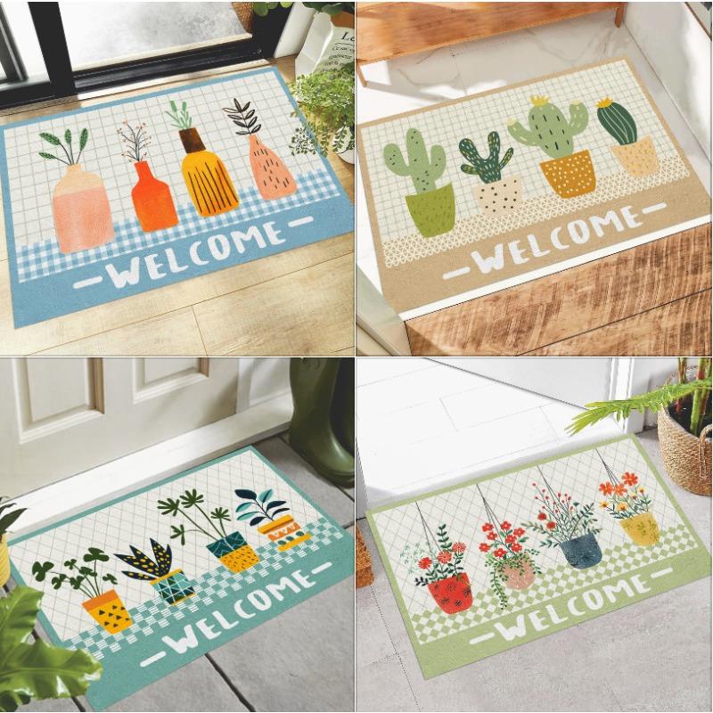Creative Small Fresh Cactus Plant Print Welcome Door Mat Square Cuttable Fluffy Carpet Rug Non-slip Entrance Mat for Home Decor