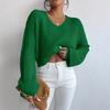 Cross-border knitted women's clothing Europe, America, Amazon 2023 autumn new solid color V-neck lantern long-sleeved pullover sweater