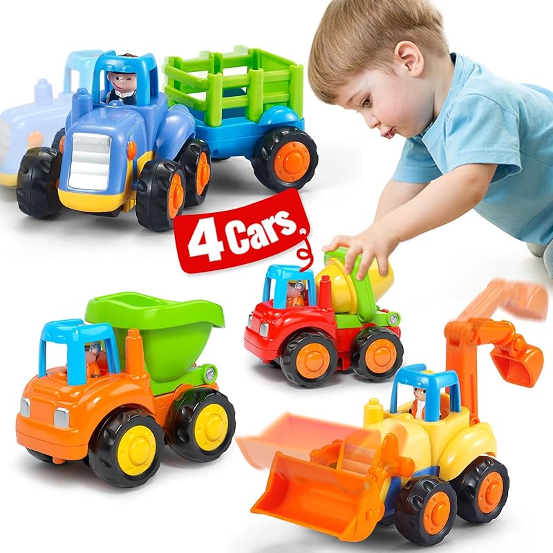 HOLA Toys for 1 2 Year Old Boy Birthday Gift - 4 PCS Toy Trucks Toddler Boy Toys, 4WD Friction Power Car Toys, Toddler Toys 1-2 Early Educational Multicolored Trucks