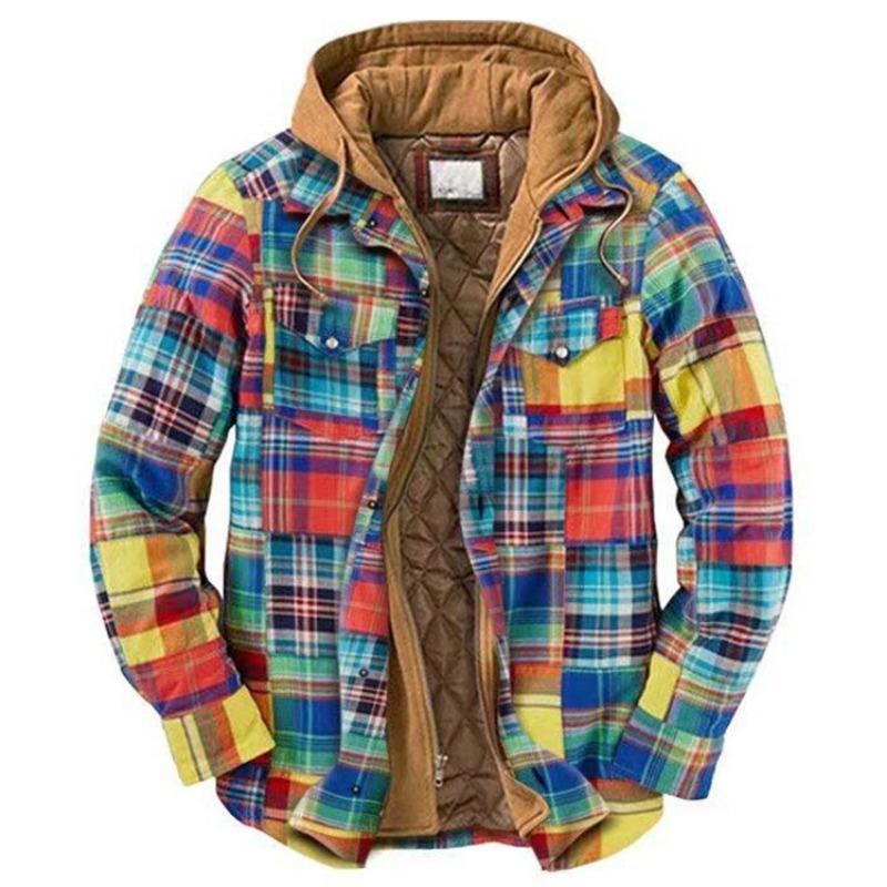 Men's Clothing European and American Autumn and Winter Thickened Cotton-padded Plaid Long-sleeved Loose Hooded Jacket