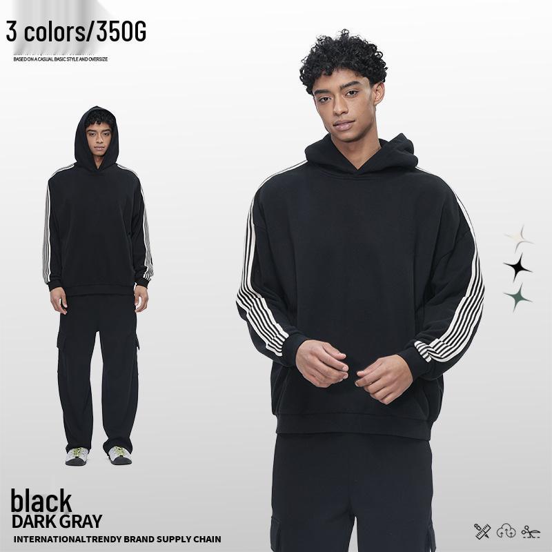 Color-Block Striped Heavyweight Fleece Hoodie – Trendy Casual American Youth Style for Men S