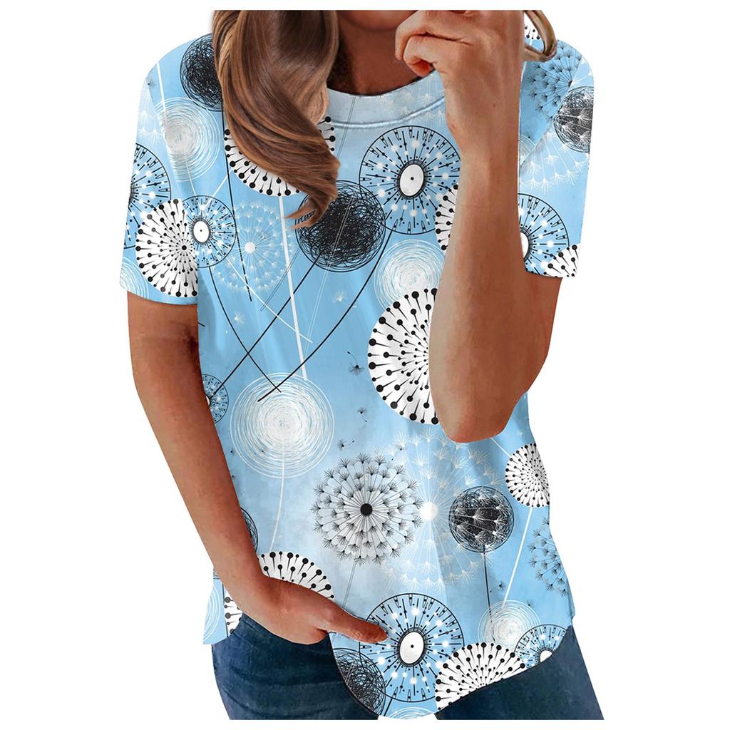 Women's Summer Flower Print Round Neck Short Sleeve T-shirt Top