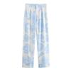 Pajamas Women's 2 Piece Set Blue Printed Long Sleeve Button-Down Shirt High Waist Pants Sexy Pajamas Home Set New Style