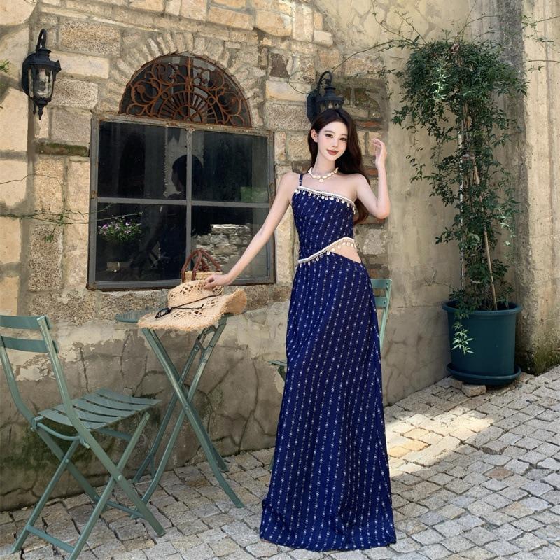 Summer New Hollow Waist and Thin Temperament Slanted Shoulder Vacation Blue Floral Long Dress Women