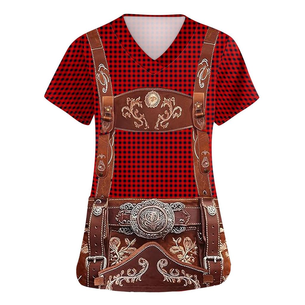 Women's V Neck Short Sleeve Work Shirt with Pocket Oktoberfest Print Top for Caregivers and Service Staff Comfortable Fit