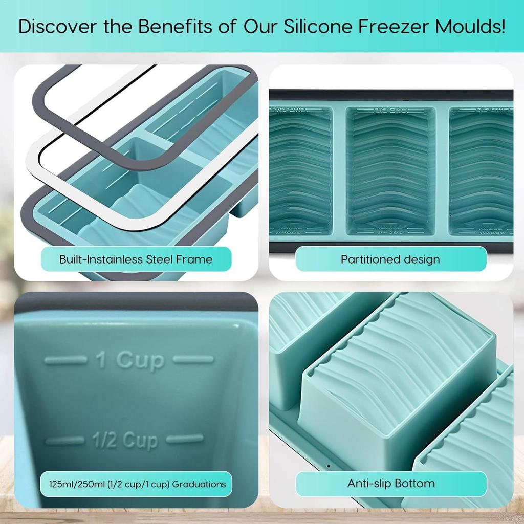 Silicone Freezer Molds with Lids Food Storage Containers Easy Release for Soup Sauce Broth Rice Butter Ice Cubes Meal Prep