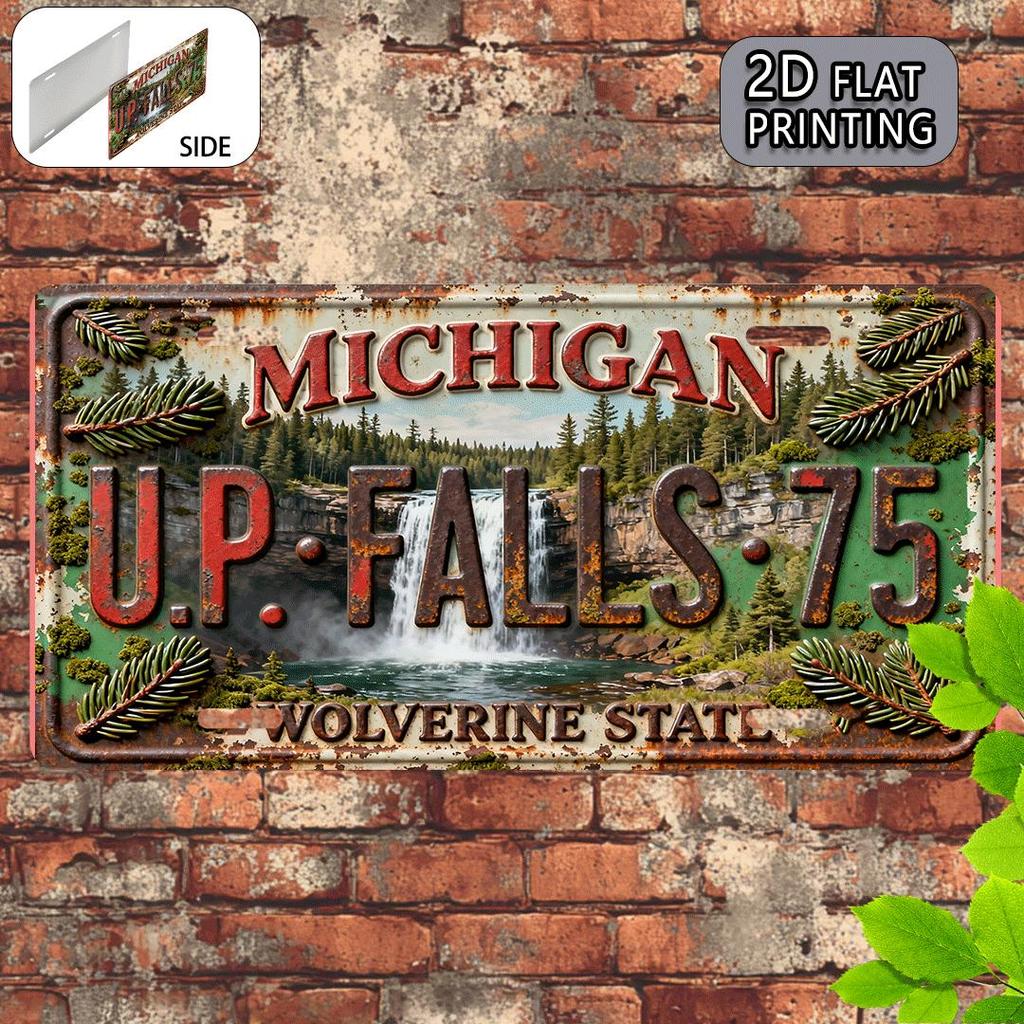 D Flat pc Vintage Michigan Upper Peninsula (UP) Falls Wall Sign Retro UP MI Themed Metal Plaque for home Cabin Office