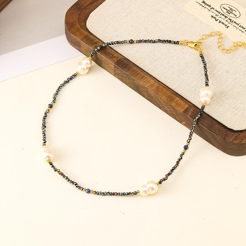 Handcrafted Black Spinel & Pearl Irregular Beaded Necklace & Bracelet Set for Women