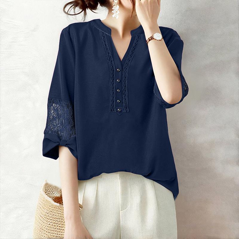 ZANZEA Women Lace Splice 3/4 Sleeve Casual V-Neck Blouse