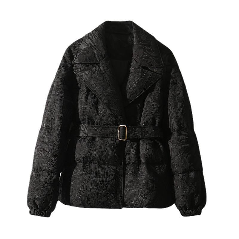 Flower dark pattern high-end goose down jacket, waist white goose down short Pinghu down jacket women's high-end women's clothing black