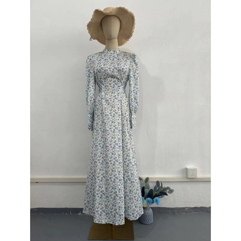 

European and American New Loose Lace-up Long dress Satin Floral Big Hemline Dress Lace up Printed Dress Picture Color XL