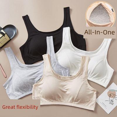 Middle-Aged and Elderly Women's Pure Cotton Integrated Fixed Chest Pad Bra, Plus-Size Vest-Style Women's Bra Without Underwire