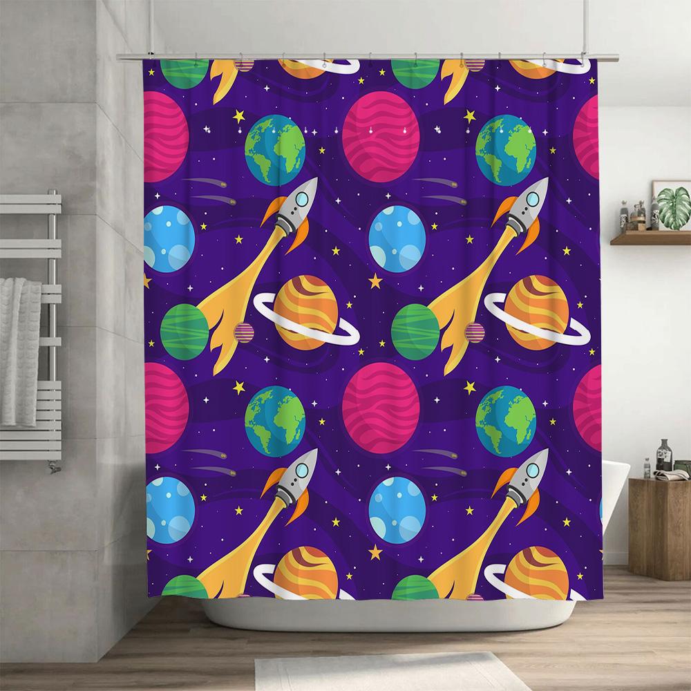 Cosmic Shower Curtain Space Traveler Bath Decor with Rocket Rockets Planets Purple 3D Printing Waterproof Polyester Fabric for B