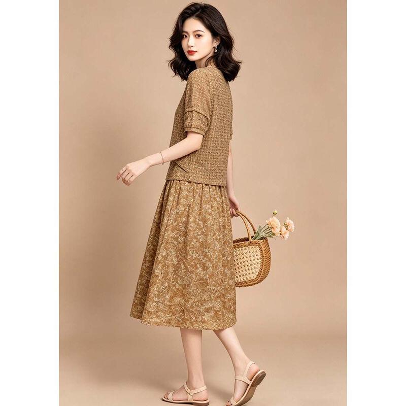 EST+II 2026 Summer Hollow-out Knit Top & Floral Dress Set