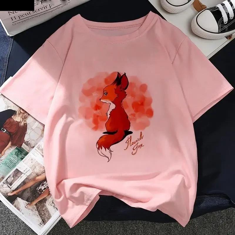 Kawaii Fox Print Ladies Tshirt Ladies Casual Basis Ocollar White T Shirt Short Sleeve Ladies Tshirt Cute Animal Graphics Tops