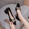 Fashion Heel Shoes for Women 2025 New Spring Autumn Pointed Toe Middle Heel Bow Thick Heel Fashion Shallow Lady Shoes Women Heels