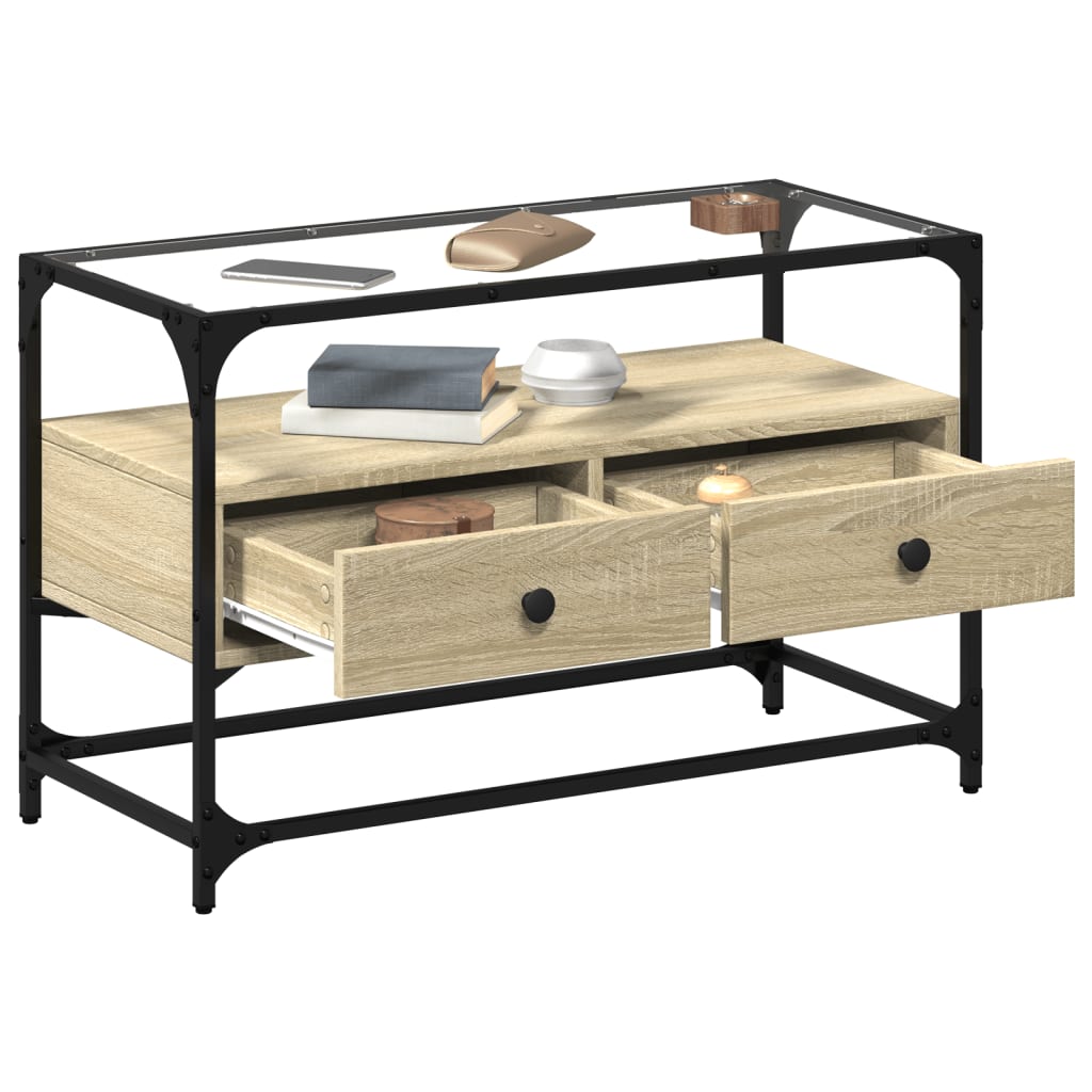 TV Cabinet with Glass Top Sonoma Oak 80 X 35 X 51 Cm Engineered Wood