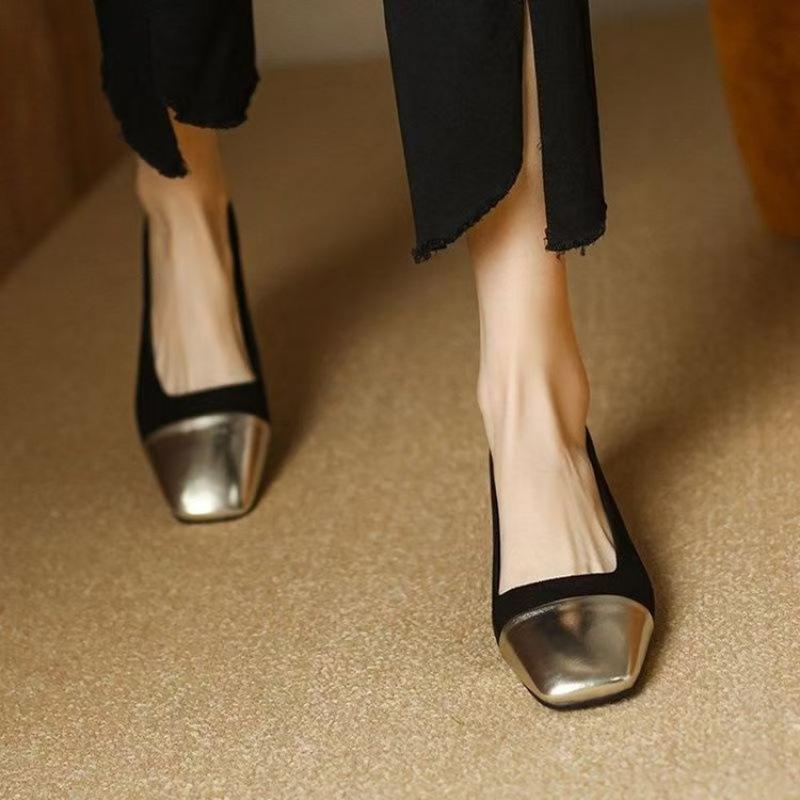 Retrostil enkelskor dam tjock klack låg klack Mary Jane skor professionella arbetsskor en pedal kontrasterande färg skarvning fyrkantig tå dam