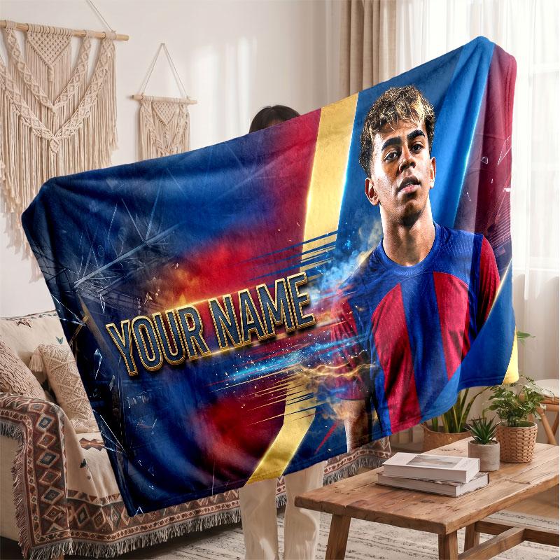 Couverture polaire personnalisée Lamine Yamal avec logo de football, texte de nom personnalisé, couverture d'appoint douce et chaude pour la maison