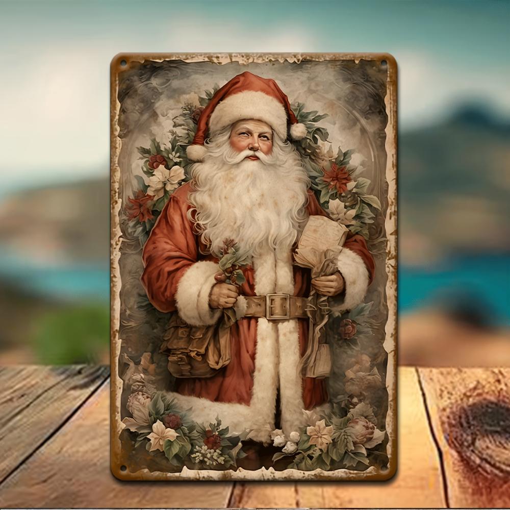 Vintage Santa Metal Wall Sign - Rustic Christmas Decor Aluminum Hanging Art Poster 11.9" X 7.9
