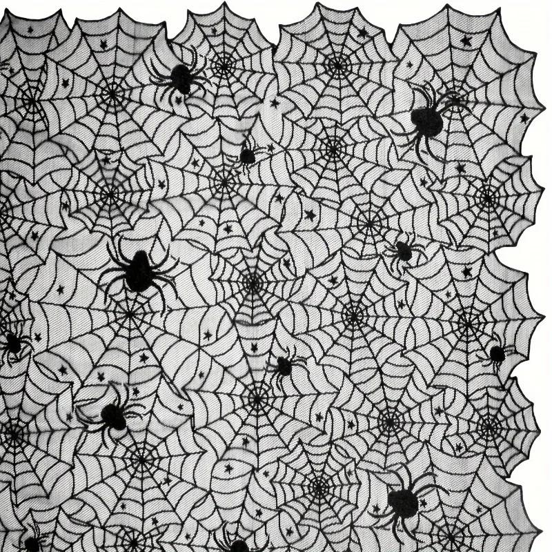 Halloween Spiderweb Tablecloth Black Lace Cobweb Decor with Spiders Ideal for Fireplace Mantle Kitchen & Party Table Decorations