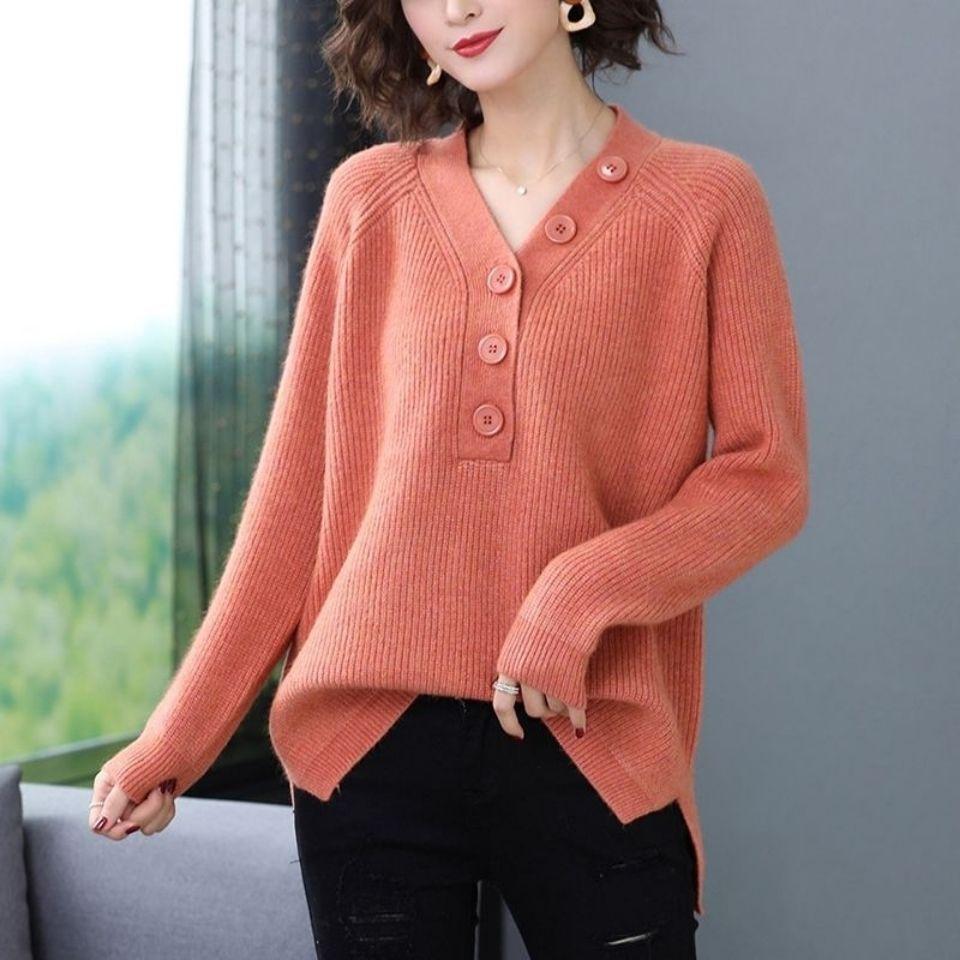 Spring and Autumn Women's V-Neck Sweater Loose Plus Size Knit Sweater Split Pullover Knit Tops Jumper