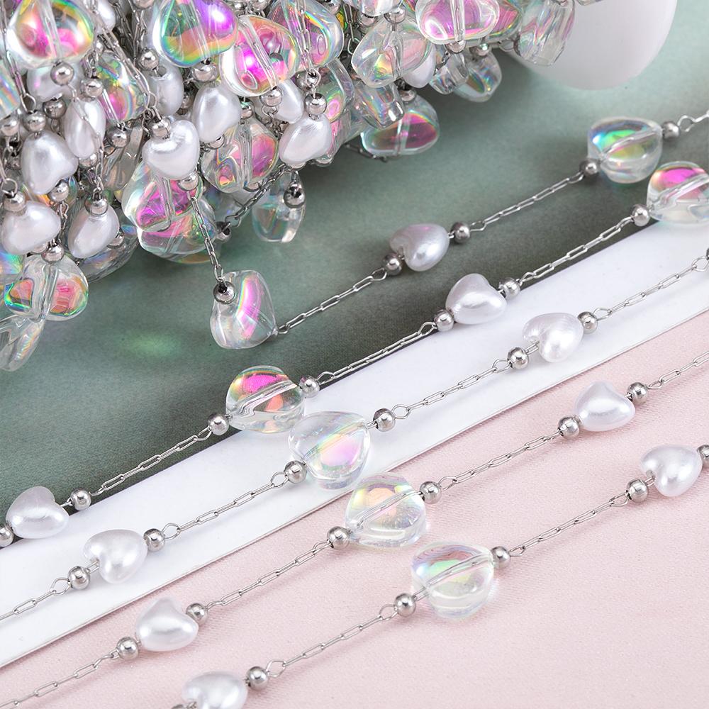 1Meter Stainless Steel Rhinestone Love Heart Beaded Chain ABS Imitation Pearl Heart Chains for Women DIY Necklaces Bracelets 1meter