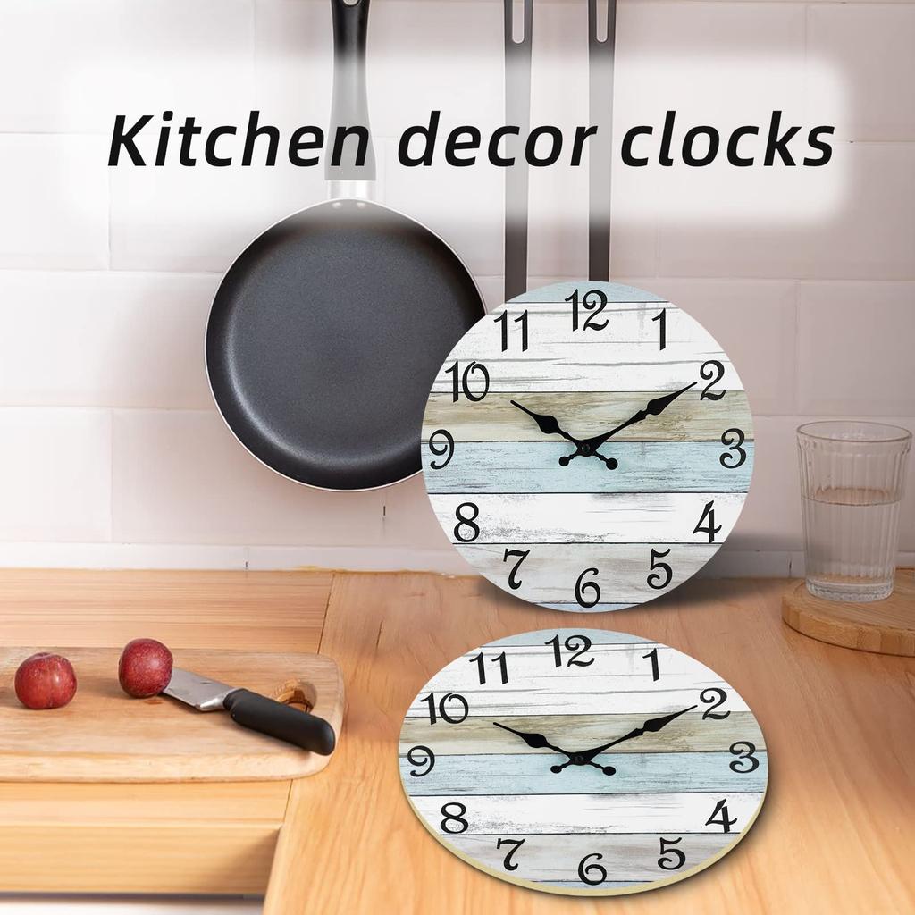 10 Inch Silent Wall Clock Blue Ocean Style Decorative Battery Operated for Living Room Kitchen Bedroom Blue White Wood