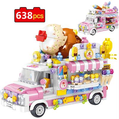 638pcs City Street View Ice Cream Car Food Shop Building Blocks Hamburg Dessert Vehicle Figurine Blocks Bricks Toys for Children