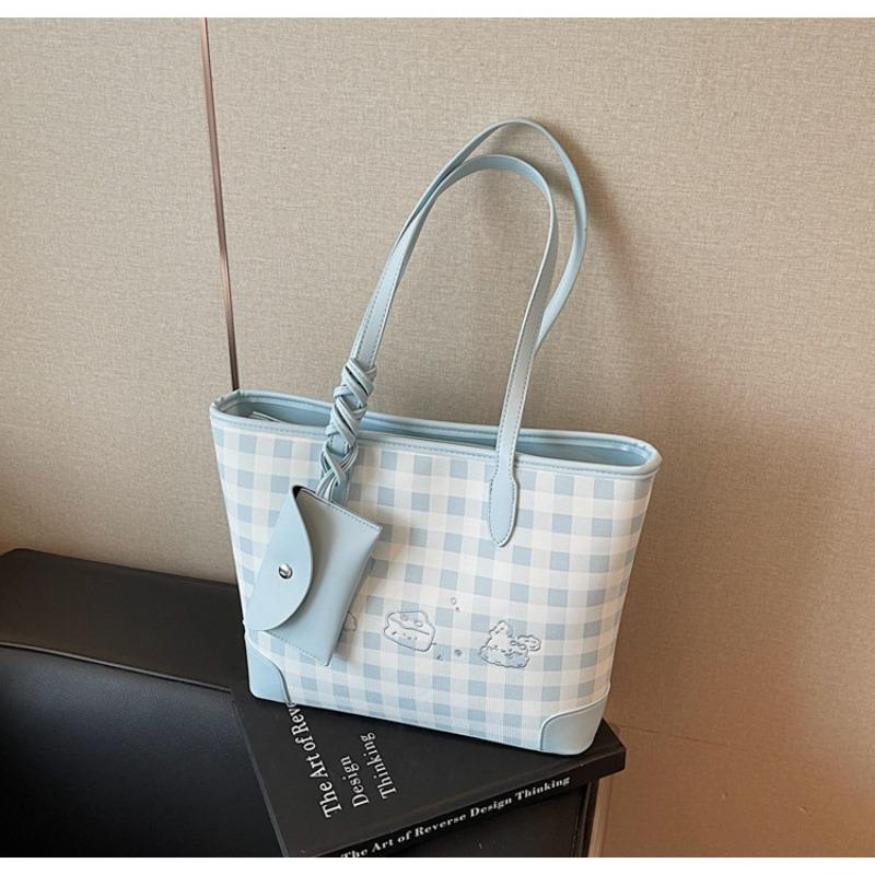 Large-capacity Bag Women's Summer Versatile New Casual Plaid Shoulder Bag Textured Commuter Tote Bag