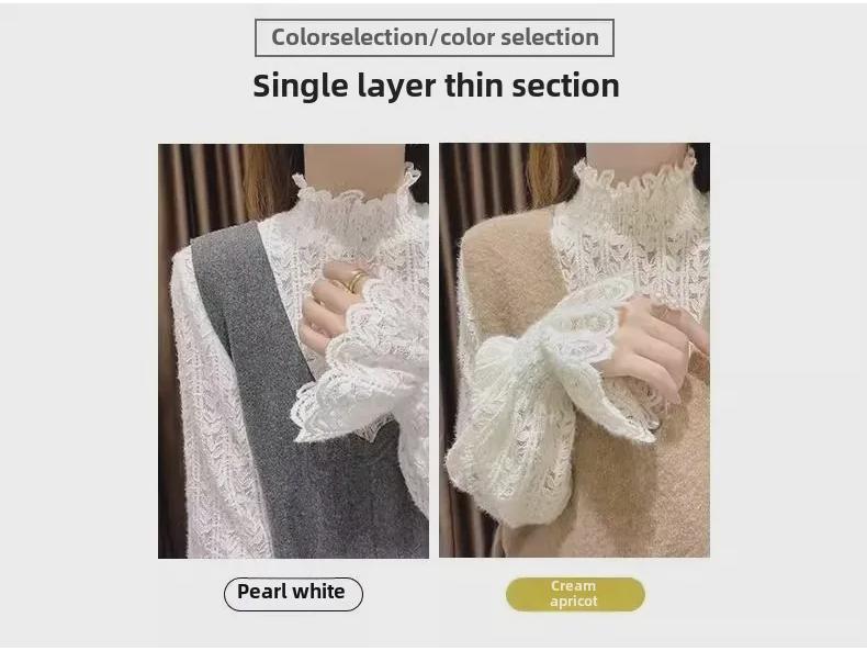 Women's Thickened Velvet Lace Half-Turtleneck Top - Elegant Autumn/Winter 2024 Fashion