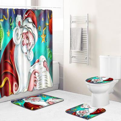Weihnachts-Duschvorhang Bodenmatten-Kombination Vier-teiliges Set Badezimmer Toilette Teppich Duschkabinenmatte Fußmatte