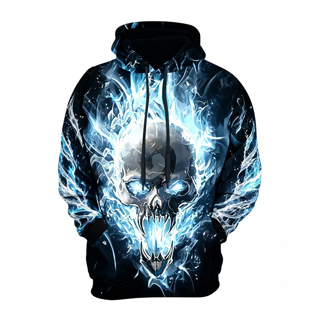 Women's Burning Fire Metal Skull Full Print Hoodie Halloween Gothic Long Sleeve Hooded Sweatshirt For Festival Wear