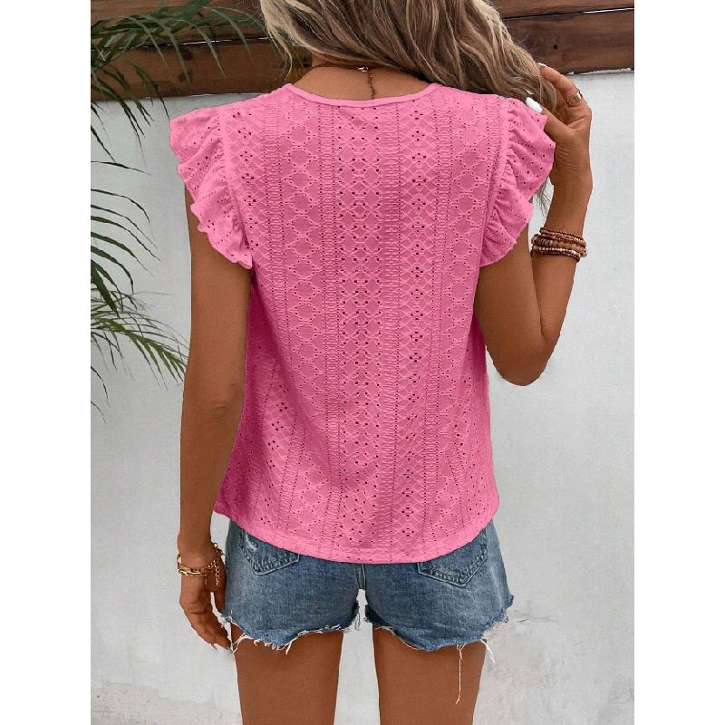 2026 Women's Summer New Round Neck Lace Solid Color Ruffle Short Sleeve Top