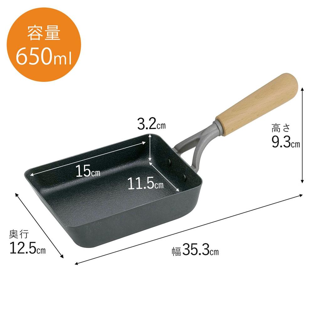 Shimomura Kihan Iron Tamagoyaki Frying Pan in Gas and Induction Double Wooden Care Instructions Tamagoyaki Egg 47025 [Made Japan] Compatible, Fiber,