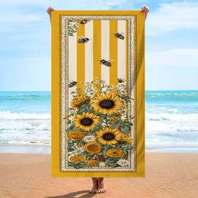Vintage Sunflower Bee Print Beach Towel Striped Floral Summer Quick Dry Lightweight Absorbent Towel Boho Botanical Beach Blanket