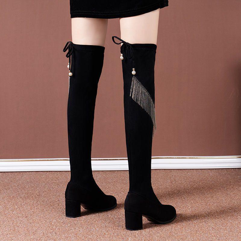 

Женские черные эластичные ботфорты на массивном каблуке с кисточками - Мода Осень/Зима 2025 Warranty 38 days